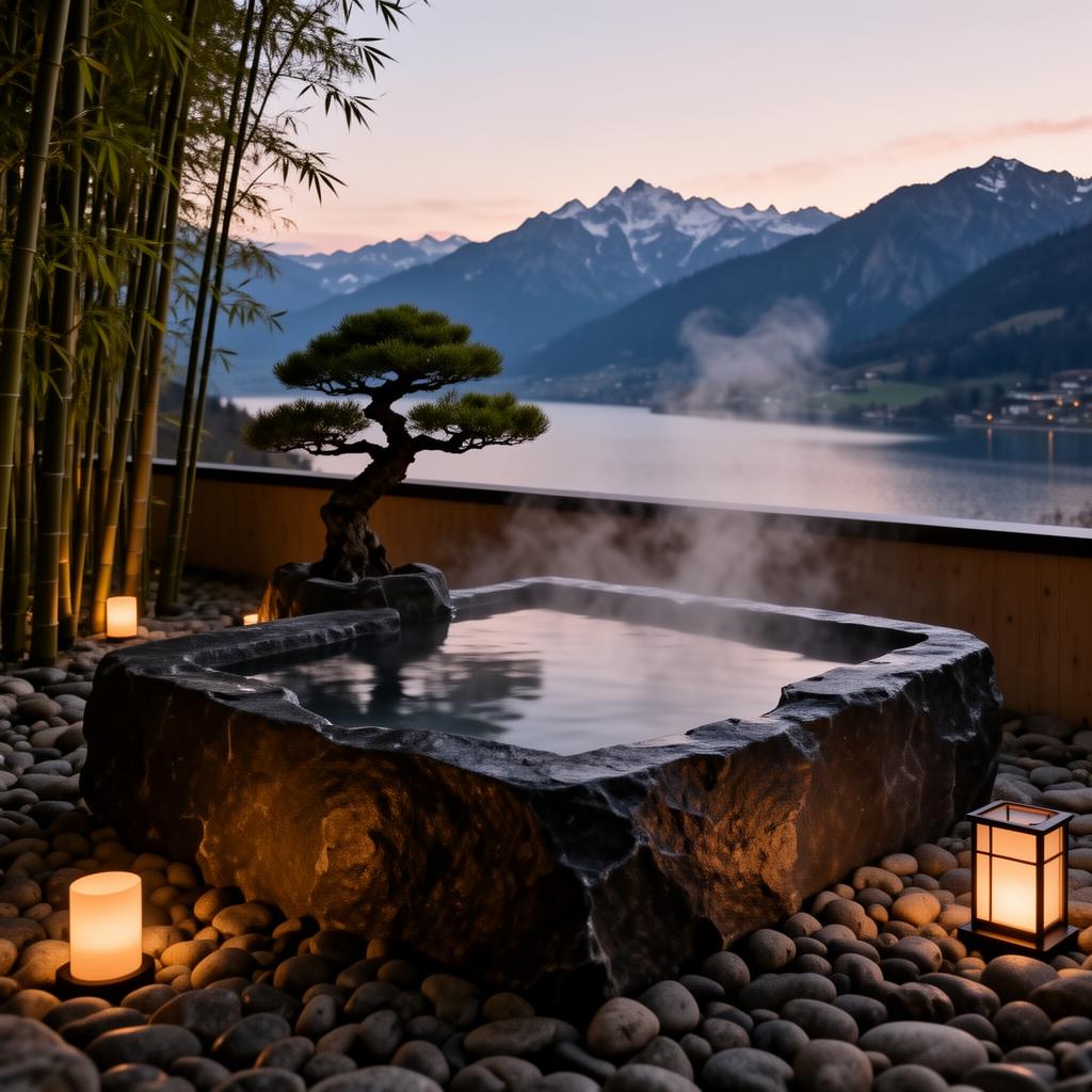 12 Kubikmeter Onsen mit 39° Quellwasser über dem Lago Maggiore