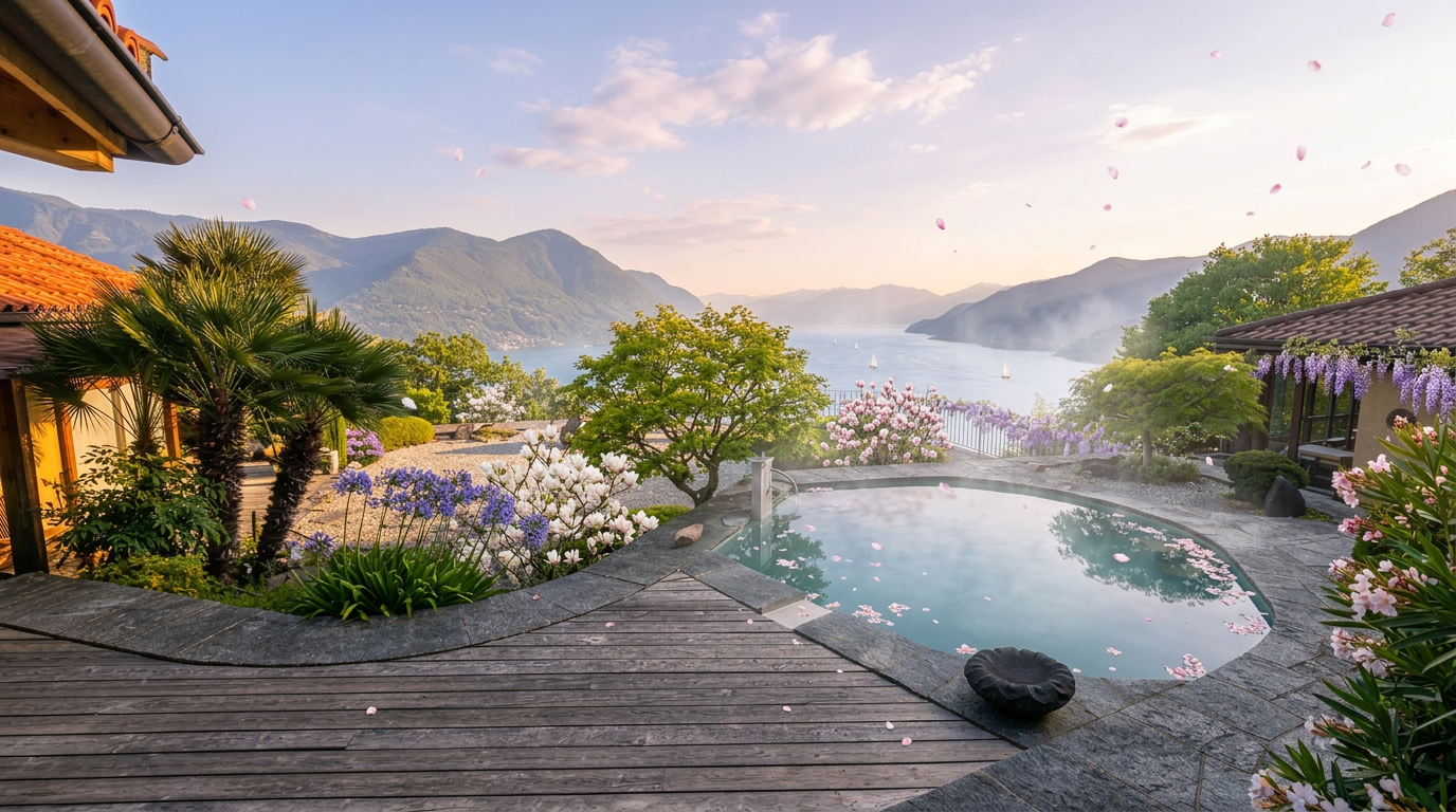 Onsen im Frühlingsmorgen mit Kirschblüten und Blick auf den Lago Maggiore