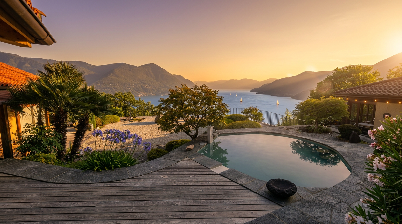 Onsen im warmen Sommerabendlicht mit Blick auf den Lago Maggiore