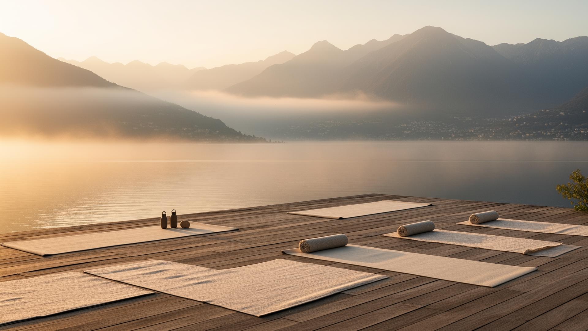 Yoga-Matten auf einer Holzterrasse mit Blick über den Lago Maggiore im Morgenlicht